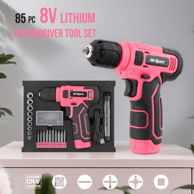 Hi Spec 133 Piece Pink Power Tool Set With 8V Lithium Drill And Toolbox 85pcs p