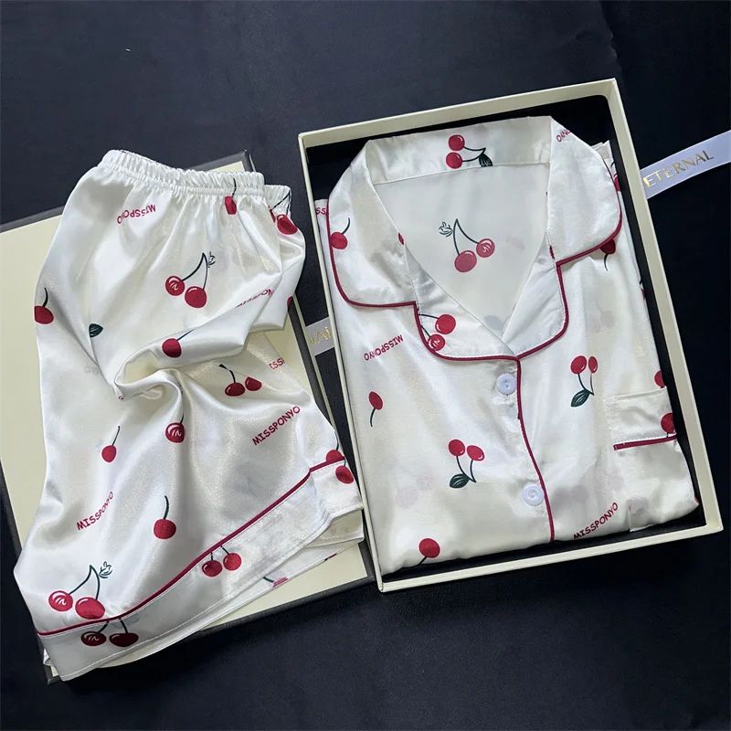 Women Cherry Print Satin Style Pajama Set With Top And Shorts h xxl