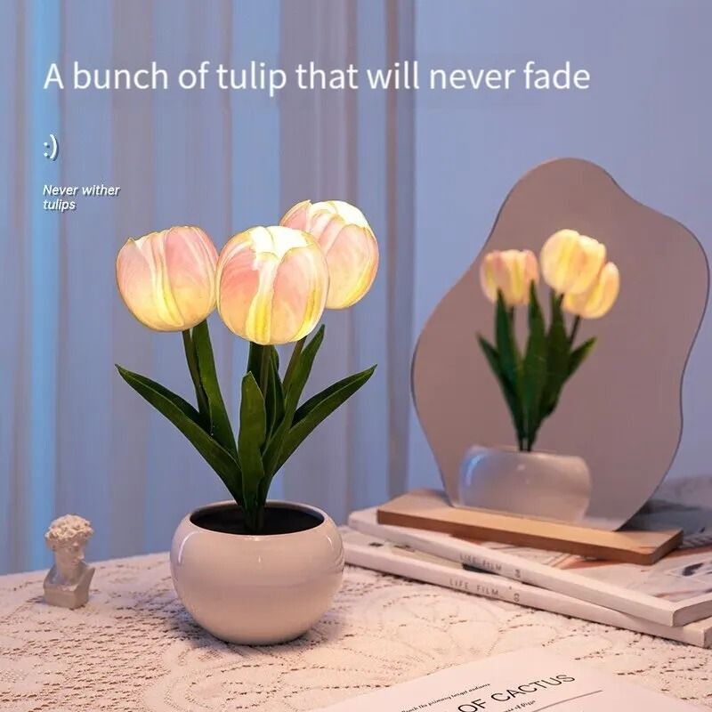 Romantic Simulation Tulip Bouquet LED Table Lamp pink charging Version