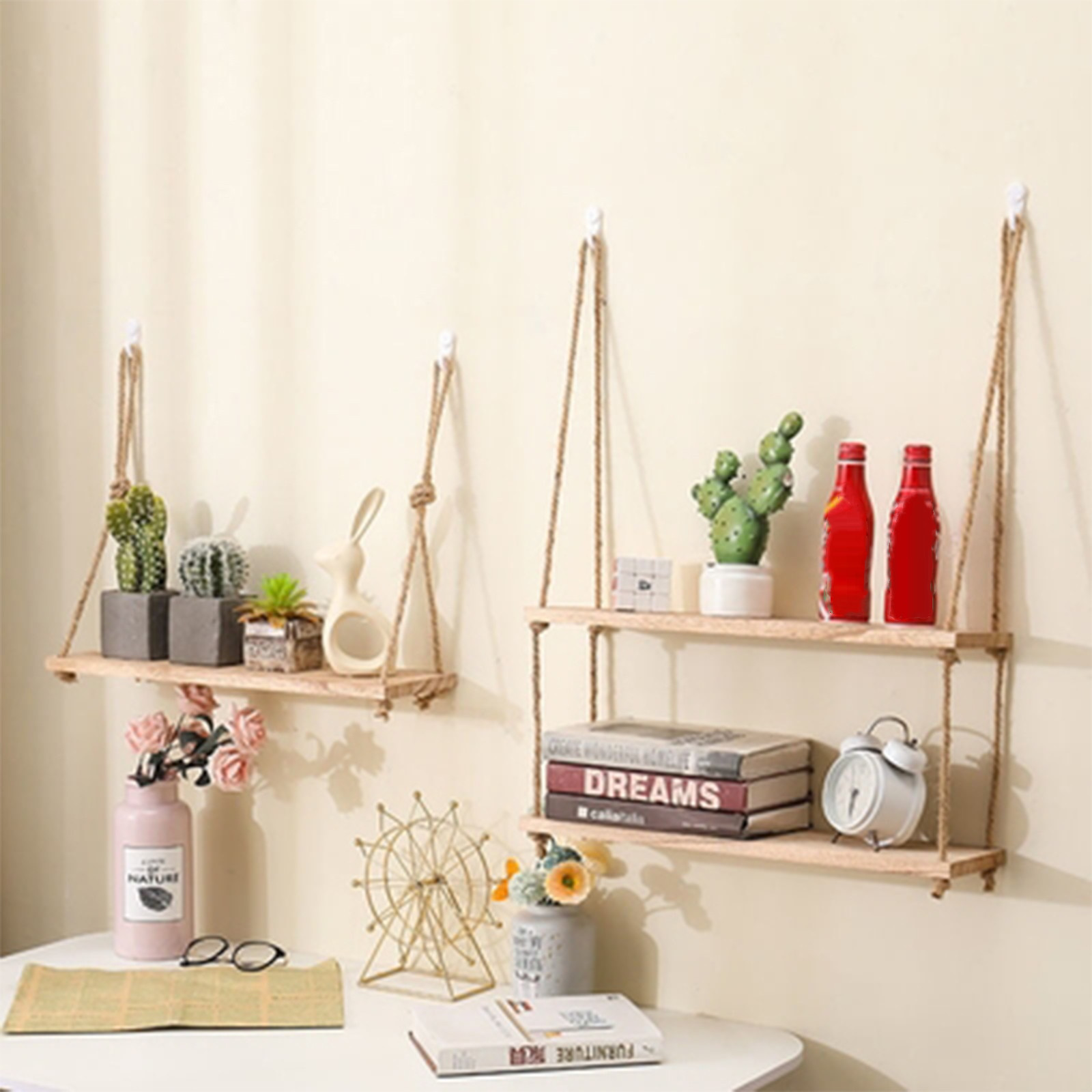 Wooden Floating Wall Shelf With Hanging Rope Ideal For Plants And Home Decor 3 tiers