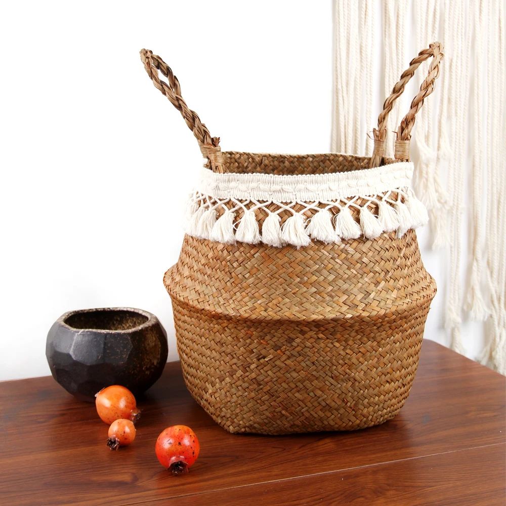 Macrame Seagrass Belly Basket With Tassels Woven Storage Basket For Laundry, Toys, Plants & Home Decor single Layer Tassel