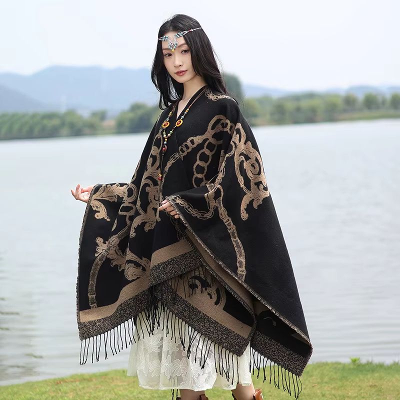 Luxury Jacquard Cashmere Poncho Cape, Thick Unisex Travel Shawl Wrap camel