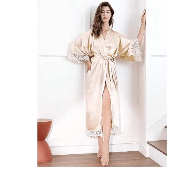 Silk Satin Lace Long Wedding Robe For Bride And Bridesmaid blue xl