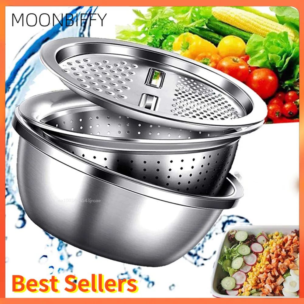 3 in 1 Stainless Steel Grater Bowl With Drain Basket Rinse, Grate & Toss Faster 28cm grater Plate
