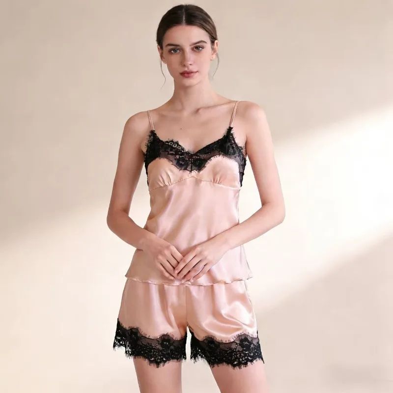 Womens V Neck Lace Pajama Shorts Sleepwear Set d one Size