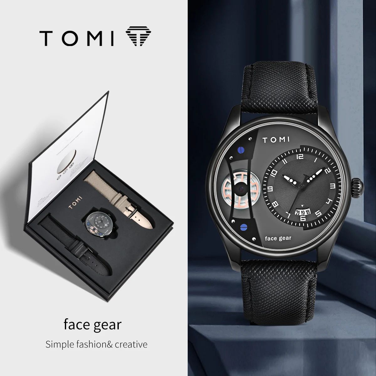 TOMI Executive Minimalist Men's Quartz Watch Gift Set With Double Detachable Straps t105 6