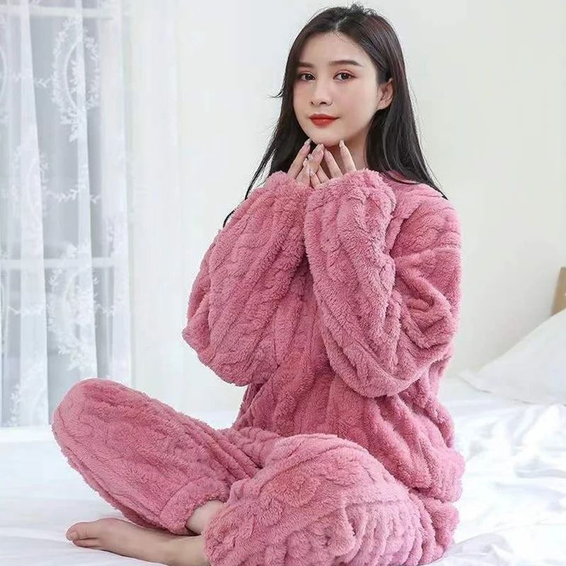 Women Autumn Warm Ribbed Velvet Fleece Pajama Set grey one Size