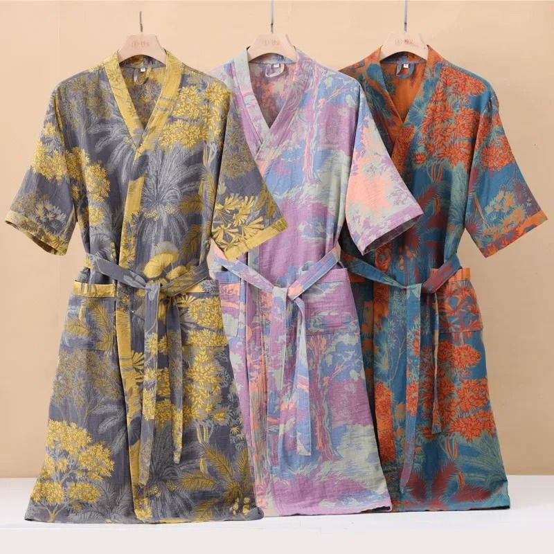 Cotton Printed Kimono Bathrobe Quick Dry Summer Home Wear 02 xl