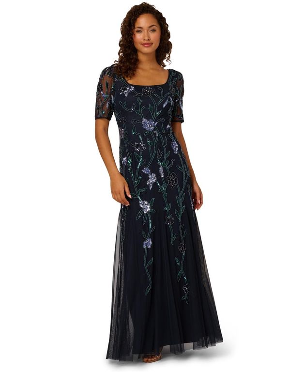 Square-neck Beaded Mesh Gown - Black - Adrianna Papell Dresses