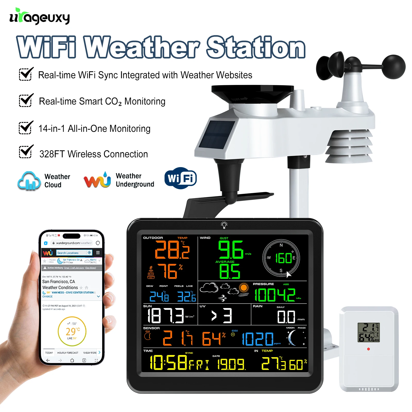 Station météo WiFi à énergie solaire, moniteur météo sans fil 14 en 1 avec détection de CO2 en temps réel, portée de 328 pieds pour une utilisation domestique et agricole