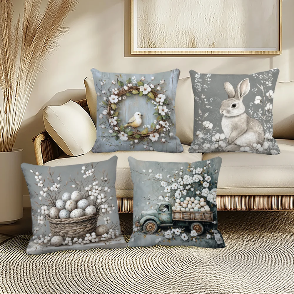 1 Stück Oster-Kissenbezug mit Baumwollhasen-Aufdruck, Polyester, 2D-Doppelseitiger Druck, Kissenhülle für Sofa, Schlafzimmer, Wohnzimmer, Feiertage Image