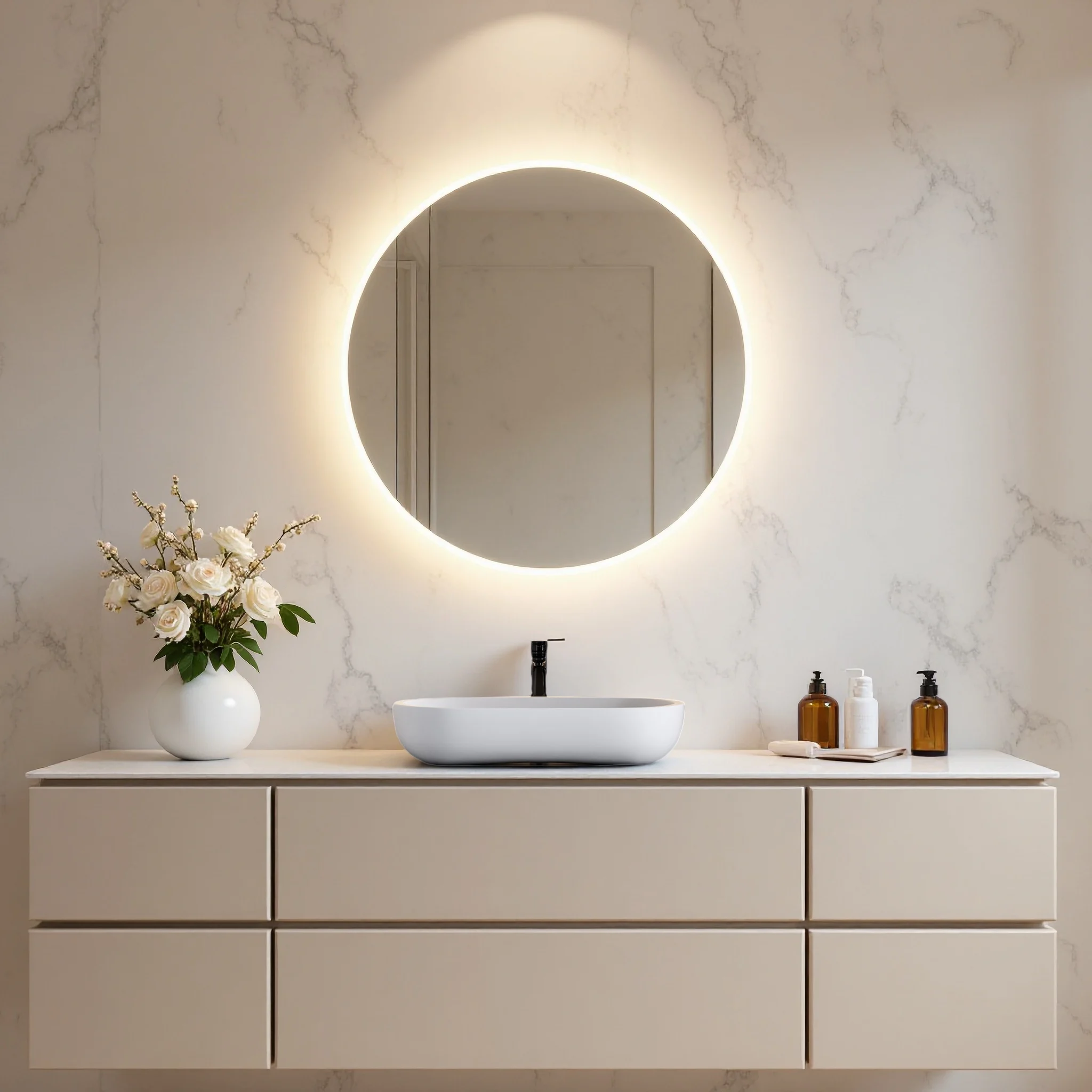 Anajqaqia 80x80cm Runder Badezimmerspiegel, Schminkspiegel mit Touch-Schalter, 3-Stufen Helligkeitseinstellung und Antibeschlag-Funktion Image