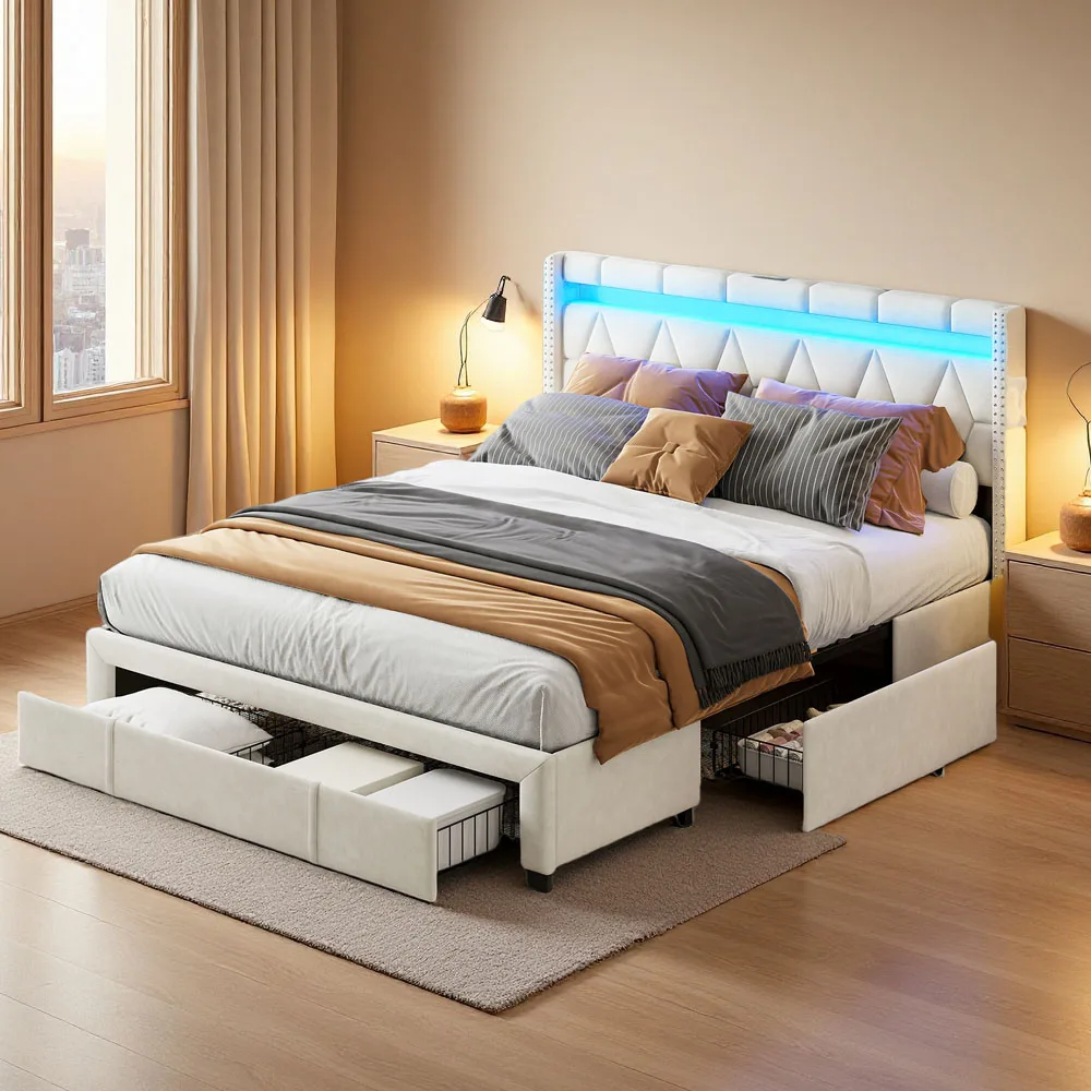 Comanlai 160x200cm Polsterbett mit LED-Kopfteil und USB-Ladefunktion Doppelbettgestell mit 4 Eisen-Aufbewahrungsschubladen Image