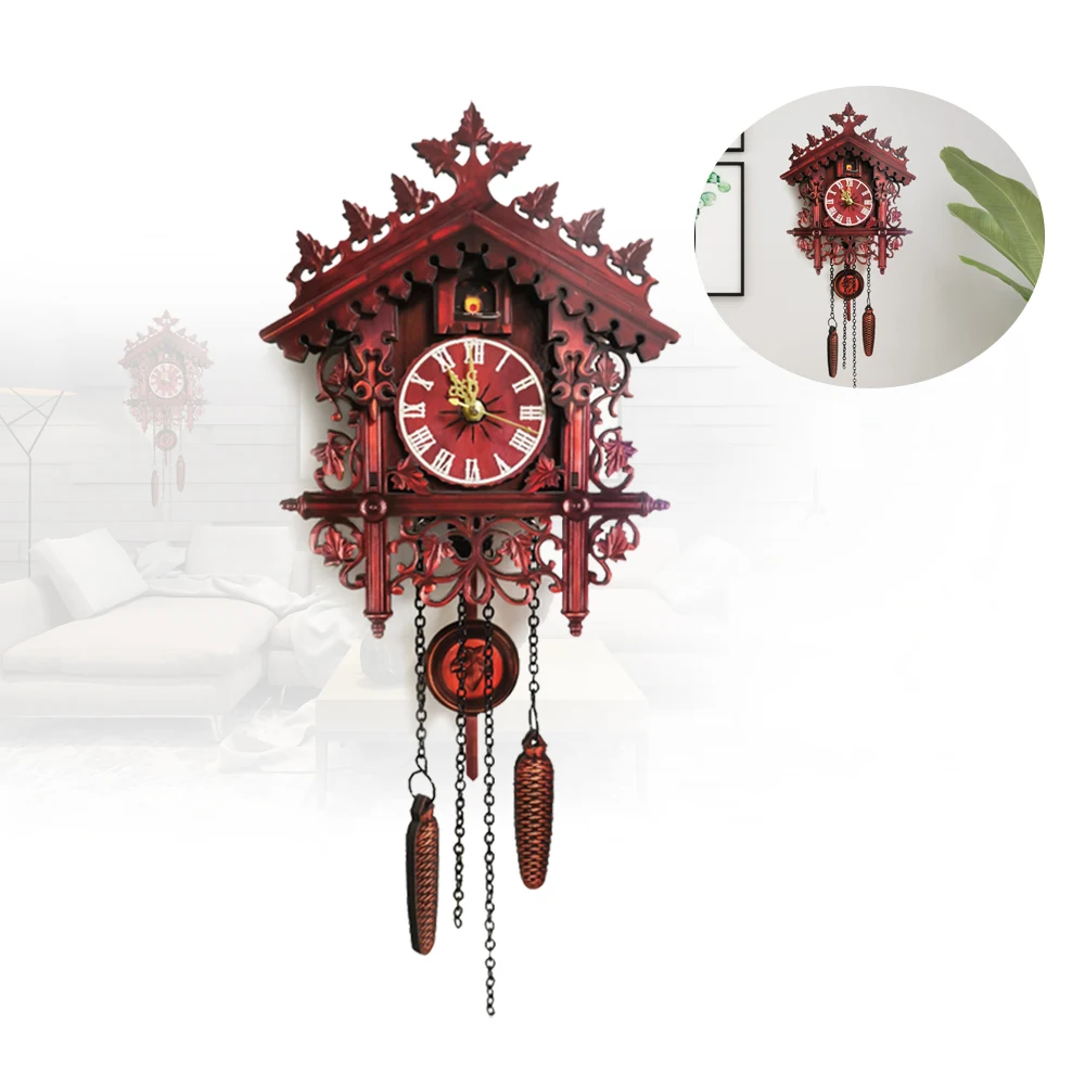 Europäische Vintage-Wanduhr, geräuschlos, tickfrei, batteriebetrieben, römische Ziffern, lasergeschnittene MDF-Uhr in roter Hausform