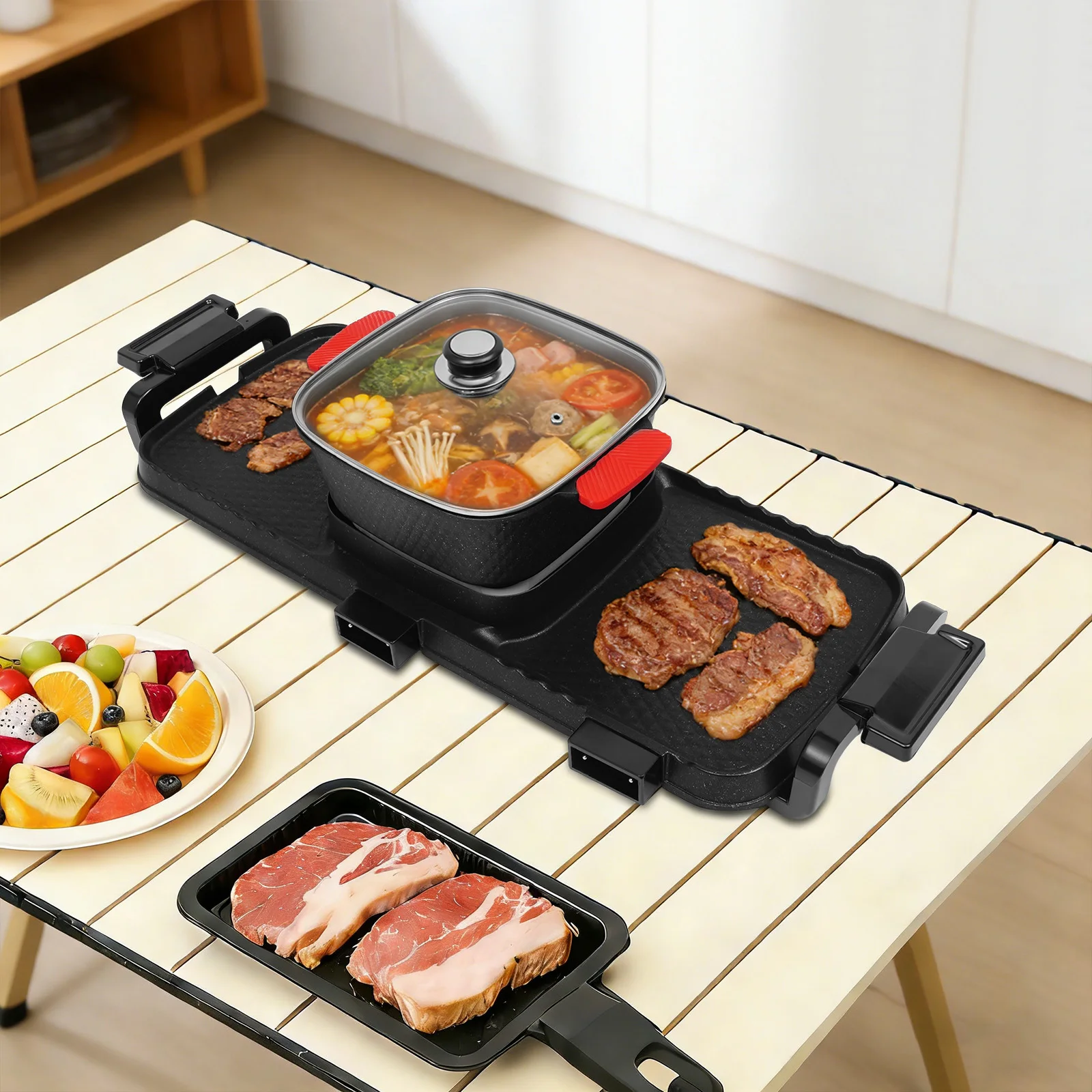 2-in-1 Elektro-Grill-Hotpot Grill-Fondue-Einheit 5 Temperaturstufen Antihaftbeschichtung EU-Standard Für Familientreffen Image