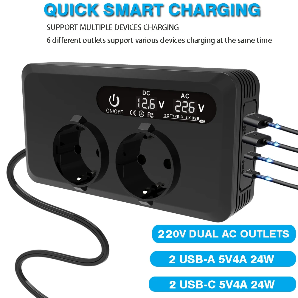 200W Auto-Wechselrichter 12V Zigarettenanzünder-Adapter Auto-Konverter mit Voltmeter 2V zu AC 220V 230V EU-Steckdosen 4 USB-Ladegeräte Image