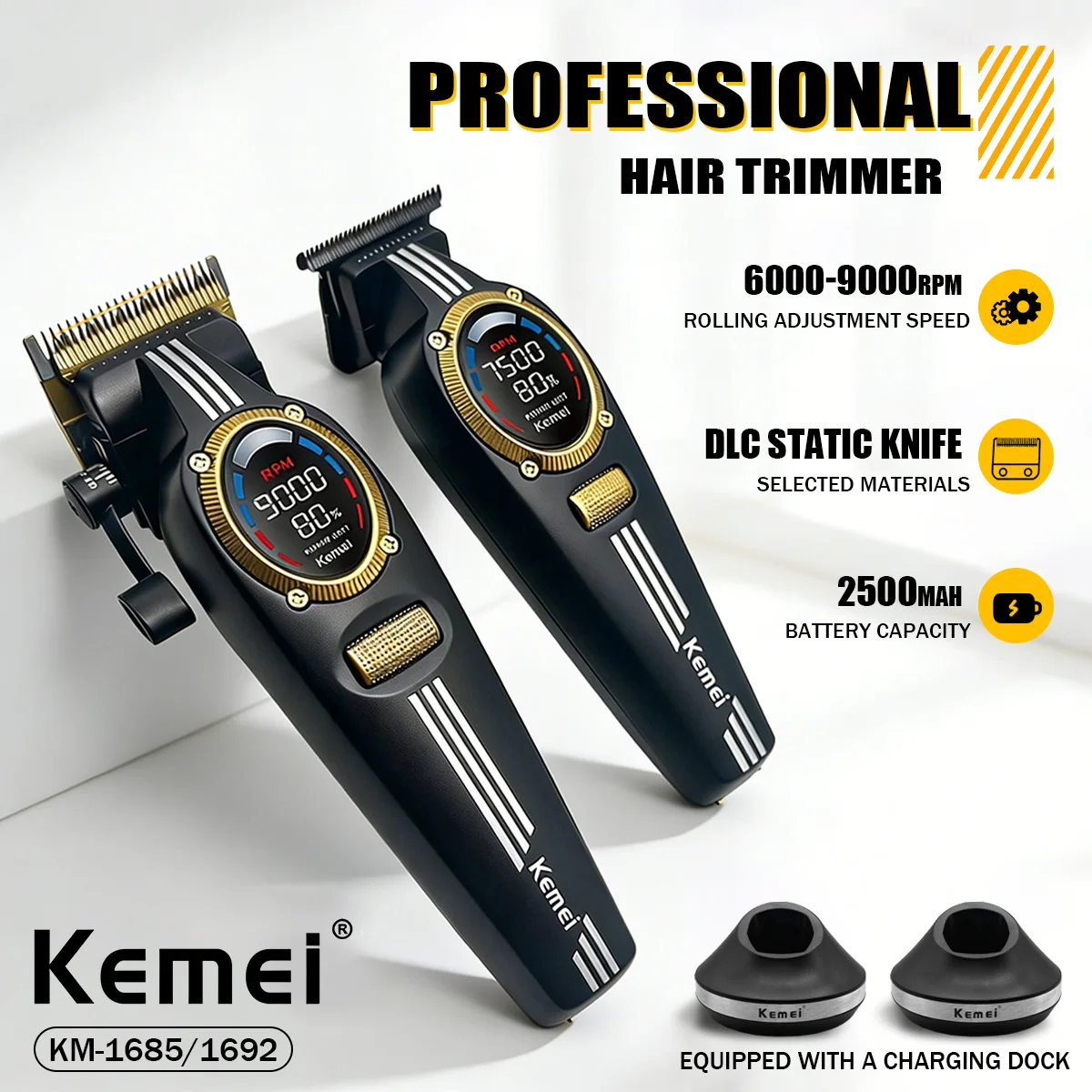 Kemei Haarschneidemaschine Professionell Haartrimmer Elektrisch Haarschneidemaschine 9000 U/min DLC-Klinge Rollschalter Haarschneidemaschine für Herren KM-1685 KM-1692 Image