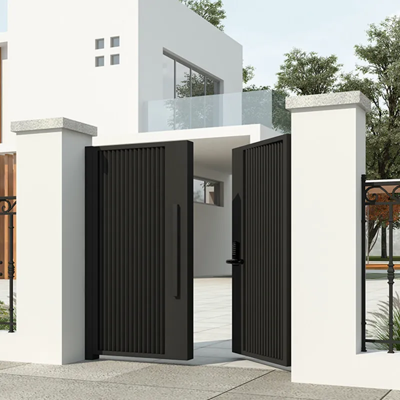 Maßgeschneiderte Hoftür aus Edelstahl. Aluminium-Kunstvilla-Eingang, Einzel- und Doppeltür, ländlicher Zaun, Innenhofwand, Eisen-Shutte Image