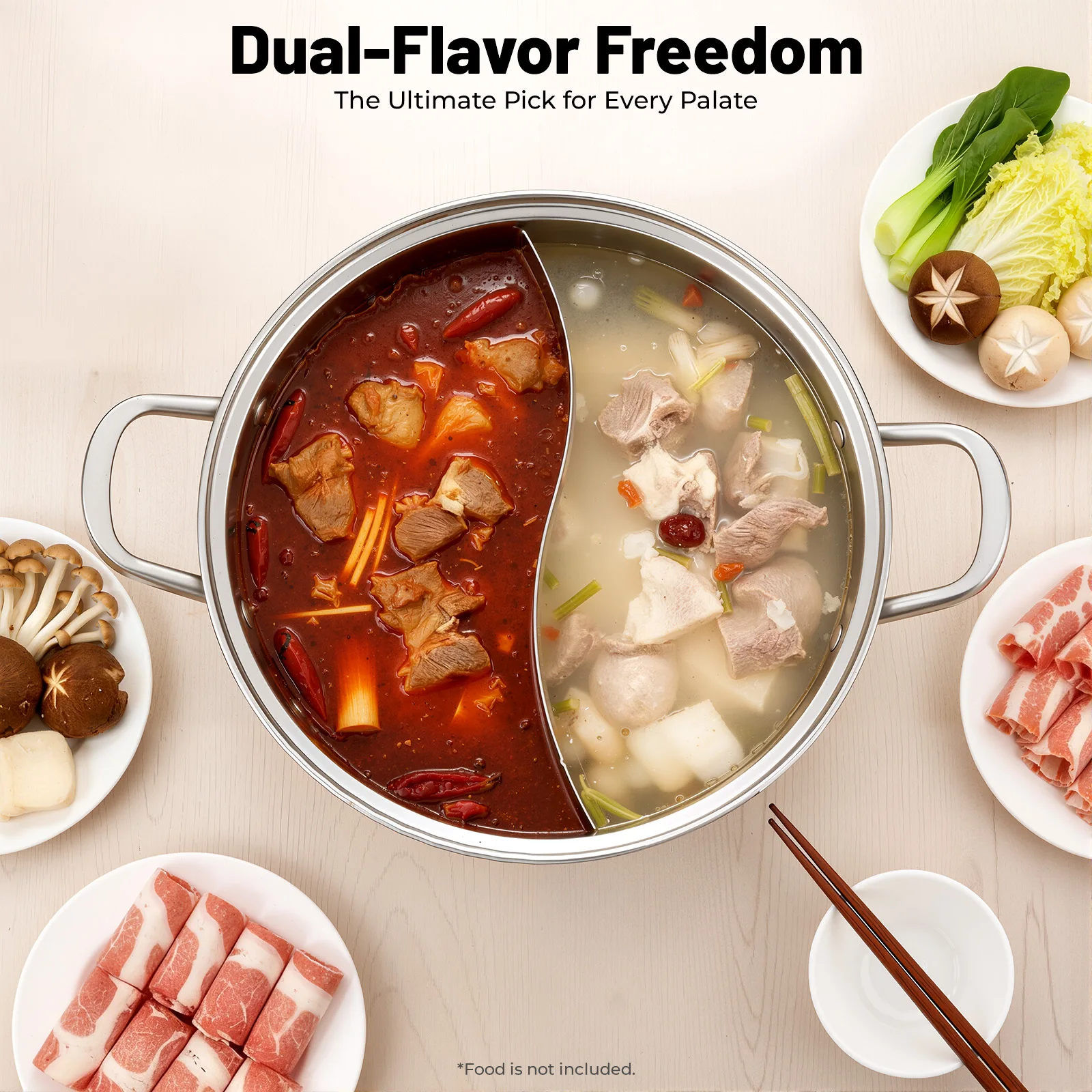 Moderner silberner Hot Pot aus Edelstahl mit Trennwand, 29 x 9,5 cm großer Topf mit Glasdeckel, Hot Pot mit Löffel/undichtem Löffel Image