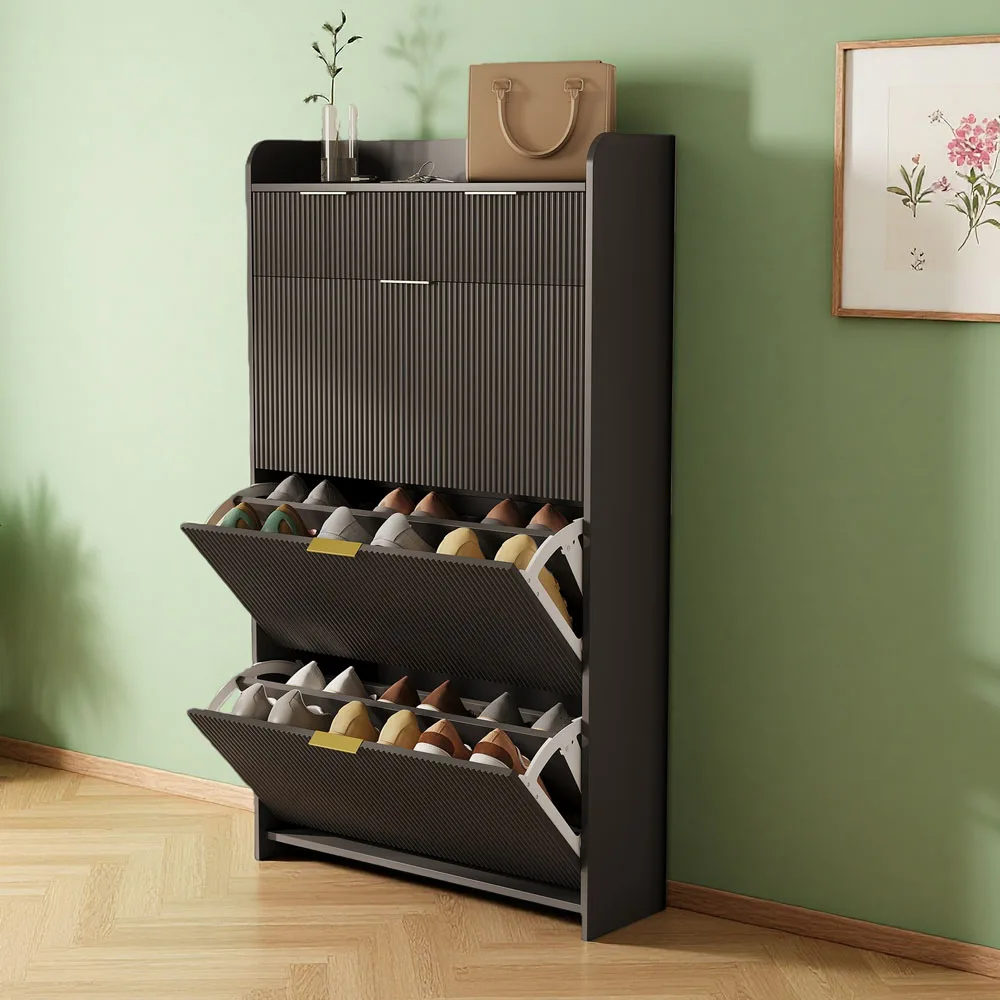 Comanlai Schuhschrank mit 3 Klapptüren, Schmaler Schuhschrank mit Schubladen, Großer Schuhschrank, Schuhregal für Eingangsbereich und Flur