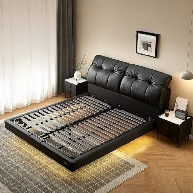 180 x 200 cm großes Doppelbett im italienischen Stil, leichte Luxus-Lederlampe, Puff-Aufhängung, multifunktionale Betten in voller Größe, Schlafzimmermöbel Image