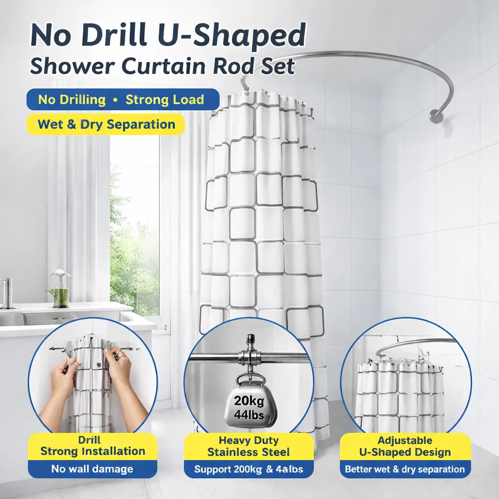 Bohrfreies U-förmiges Duschvorhangstangen-Set aus Edelstahl, verstellbare Spannstange mit wasserdichtem Vorhang für Badezimmer und Toilette