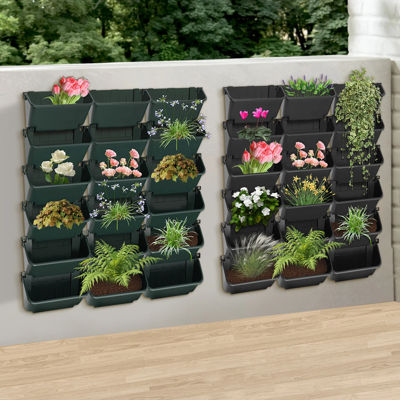 18-teiliger Wandmontierter Vertikaler Gartenpflanzer, Selbstbewässernder Modularer PP-Pflanzer, 69 kg Tragkraft, Platzsparend für Balkon-Gartendekoration Image