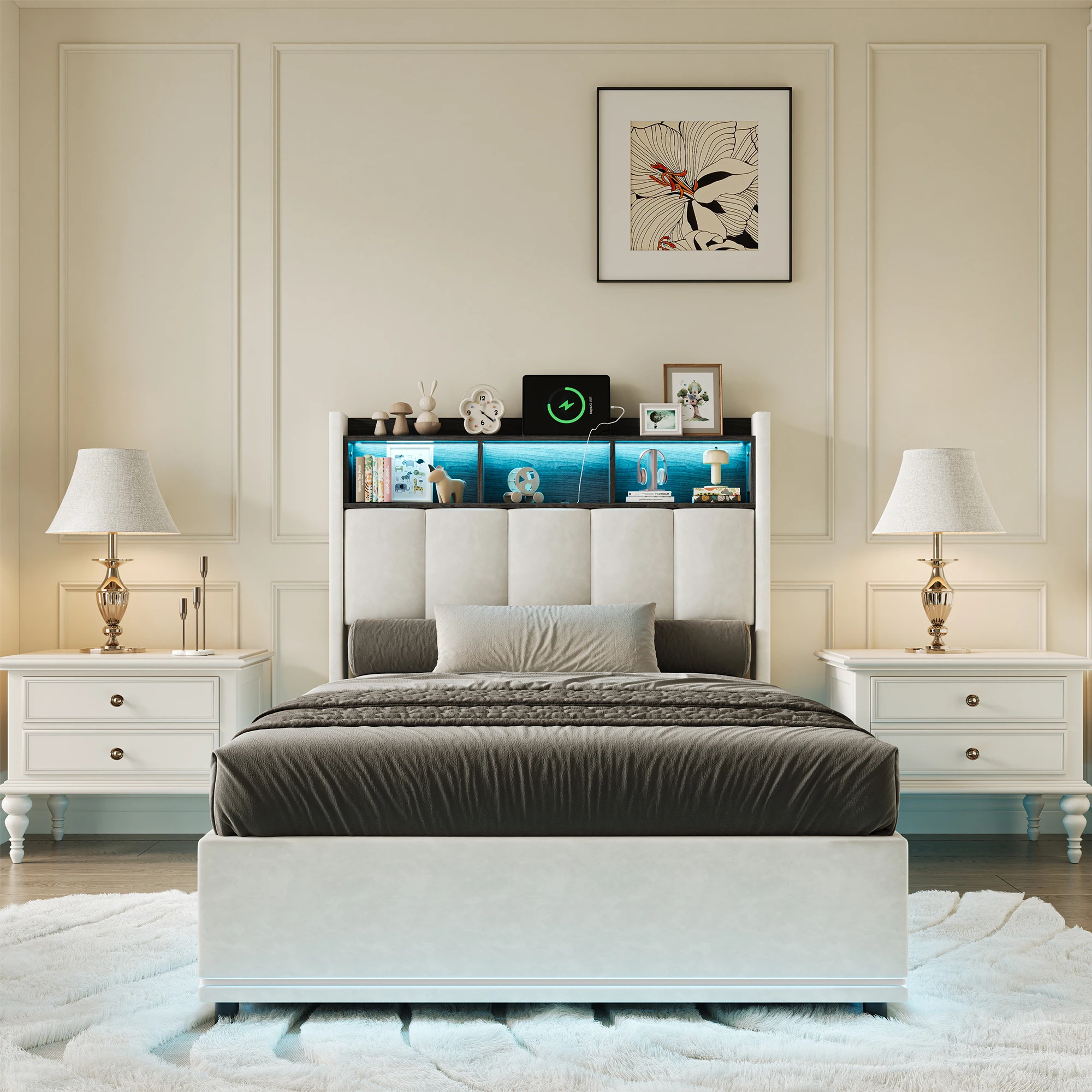 Anajqaqia Polsterbett mit LED-Beleuchtung, hydraulischem Stauraum und Ladeanschluss, Staufach am Kopfteil, Samt Image