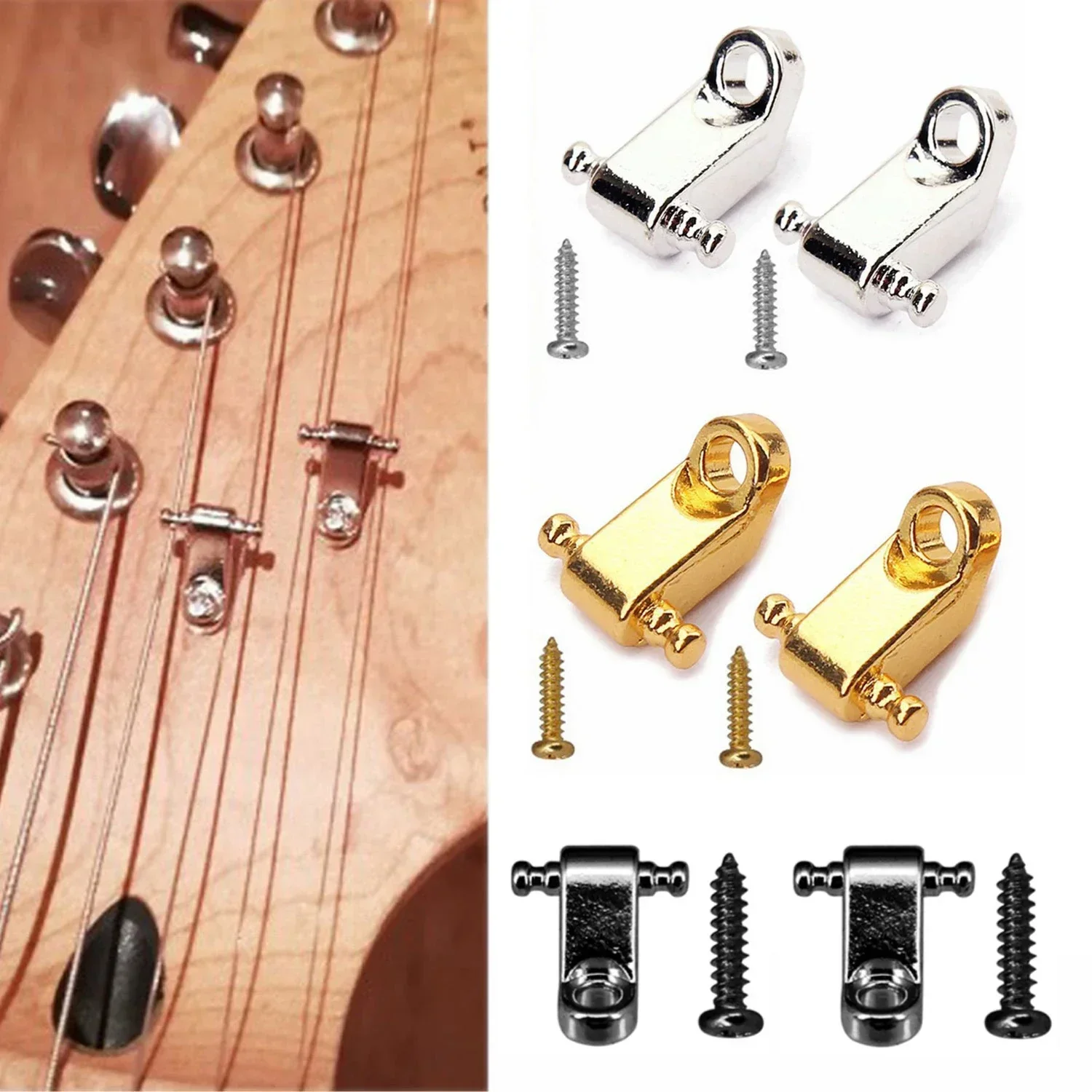 2 Stück Gitarrenroller Saitenbäume Halter – mit Schrauben für E-Gitarren, silbrig/schwarz/goldene Musikinstrumententeile Image