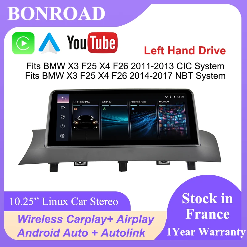 Bonroad 10.25 " Schermo Touch Multimediale Wireless Carplay Linux per BMW X3 F25 X4 F26 2011-2017 CIC NBT Android Auto Mirror Link