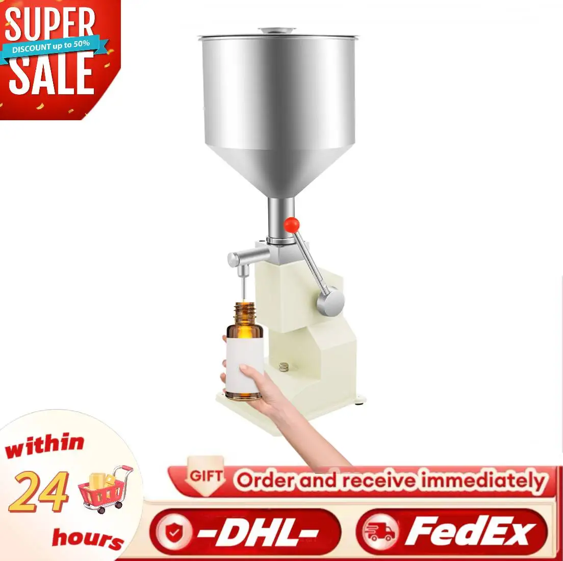 5-50ml Manuelle Pasten- und Flüssigkeitsabfüllmaschine mit Trichter, verstellbarer Flaschenfüller aus Edelstahl für Milch, Wasser, Shampoo, Honig Image