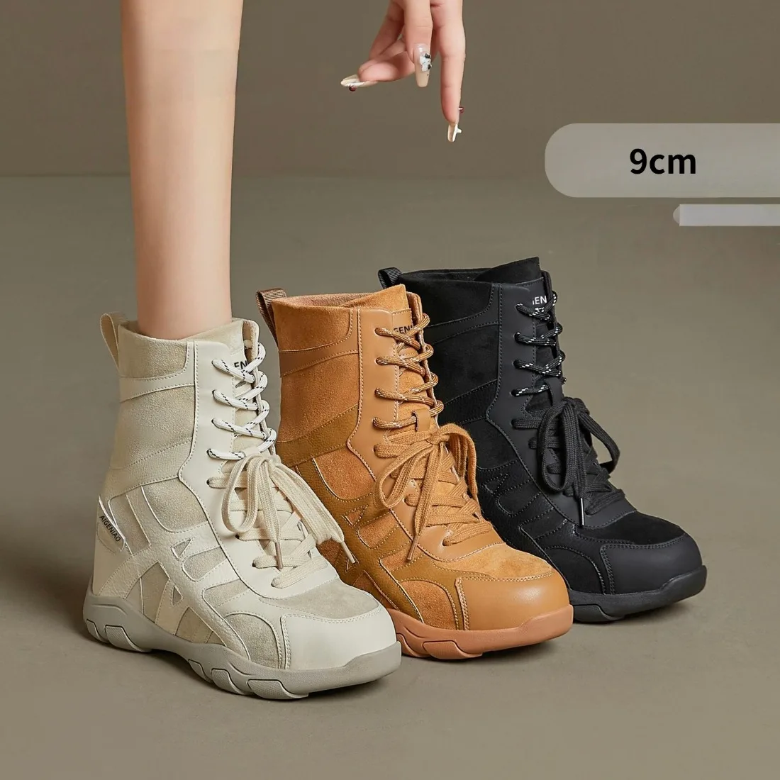 Größe 35-40 Wildleder Keilabsatz Sneakers mit Klettverschluss Wanderstiefel Damen Plateau Höhenerhöhende Schuhe Knöchelhohe Kurze Stiefel