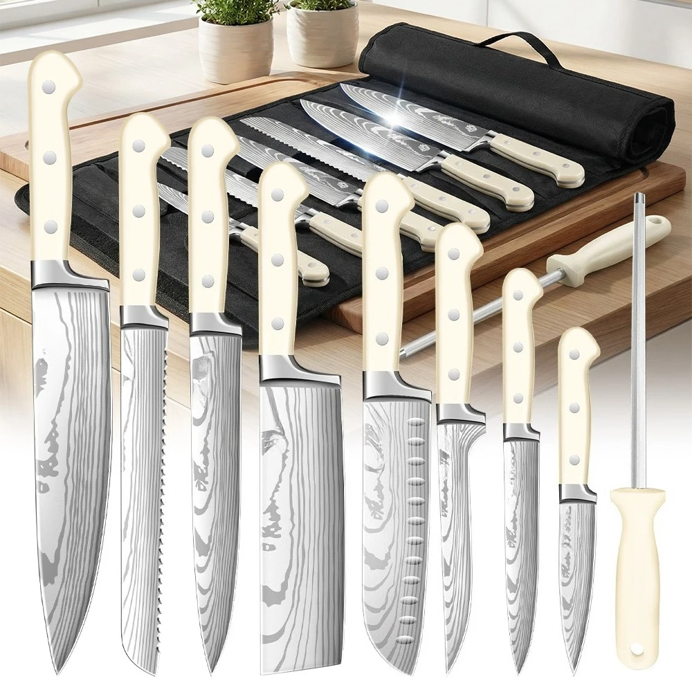 ZENG 8-teiliges Kohlenstoffstahl-Messerset Weißer Ergonomischer Gebogener Griff Spülmaschinenfest Mehrzweck-Kochmesserset zum Kochen und Verschenken Image