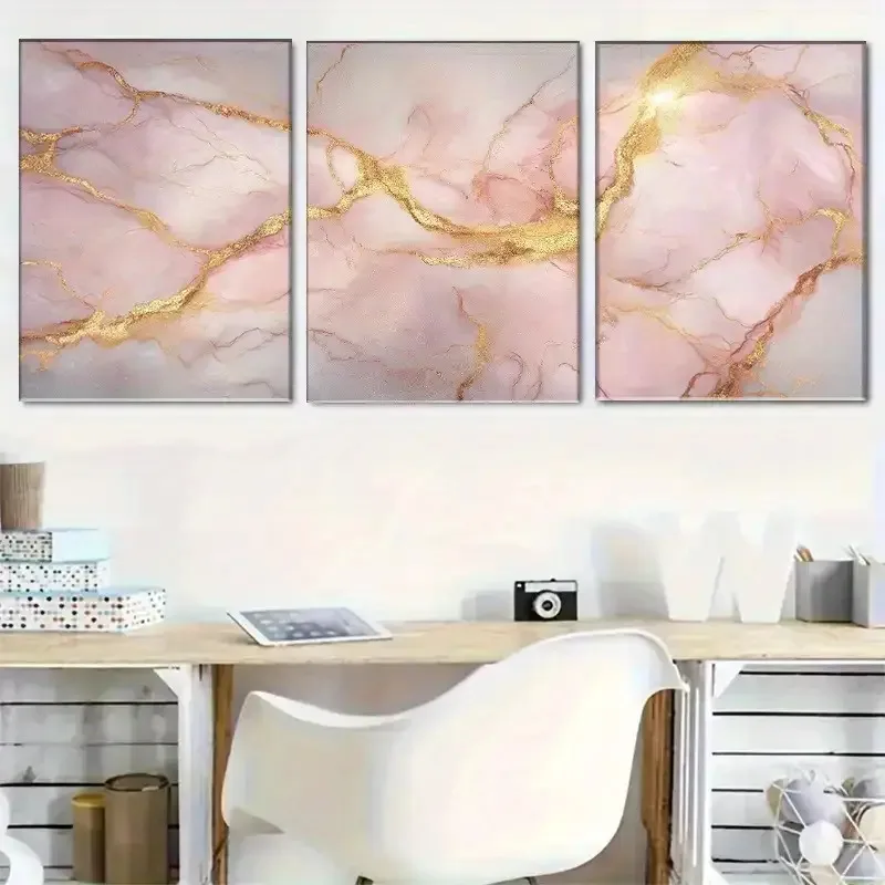 Ungerahmtes 3-teiliges Wandkunst-Set aus rosa Marmor-Leinwand mit goldenen Adern – Art-Deco-Modern-Stil, elegante Wanddekoration für Wohnzimmer, Schlafzimmer
