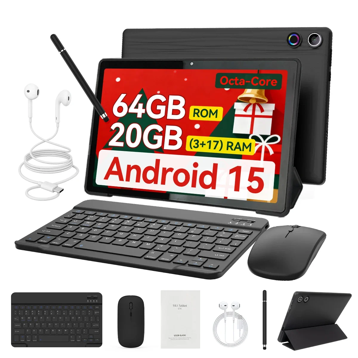 Android15 Tablet 10 Zoll 20GB RAM 64GB ROM Erweiterbar auf 1TB WIFI6 WidevineL1 GMS 5000mAh Stift Tastatur Maus Kopfhörer Hülle Set Image