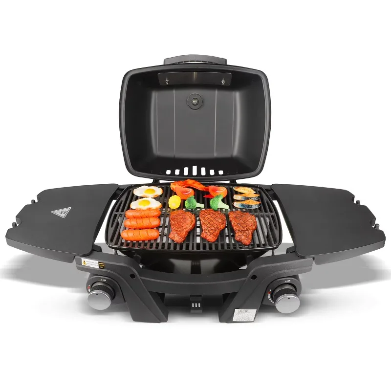 Tragbarer Gasgrill mit zwei Brennern zum Kochen im Freien mit zusammenklappbaren Seitenwänden Image