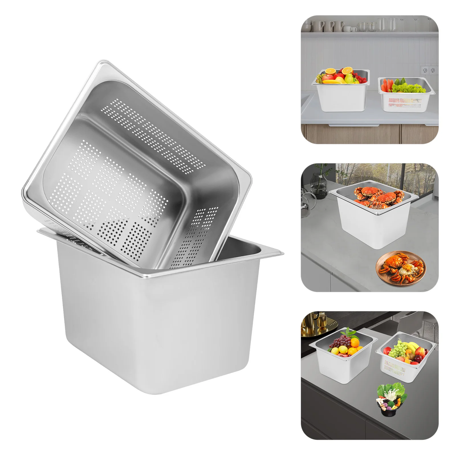 Hotelpfanne aus 201 Edelstahl und perforiertes Pfannenset, perforierte Pfanne, Lebensmittelpfanne aus Edelstahl Image