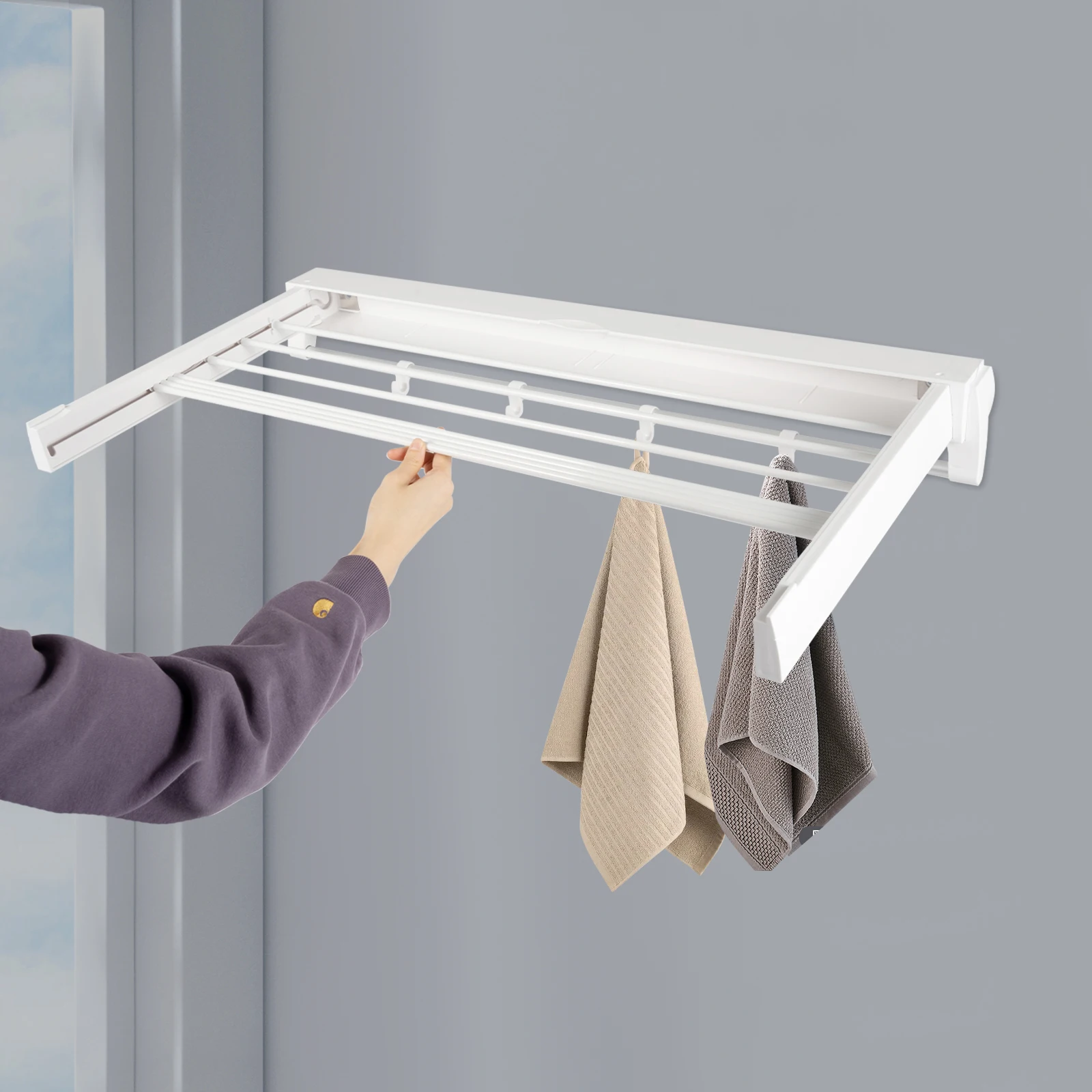 Wandmontierter Ausziehbarer Wäscheständer 7 Ausziehbare Aluminiumstangen 4 Haken Faltbarer Wäscheständer für Badezimmer Balkon Innenbereich