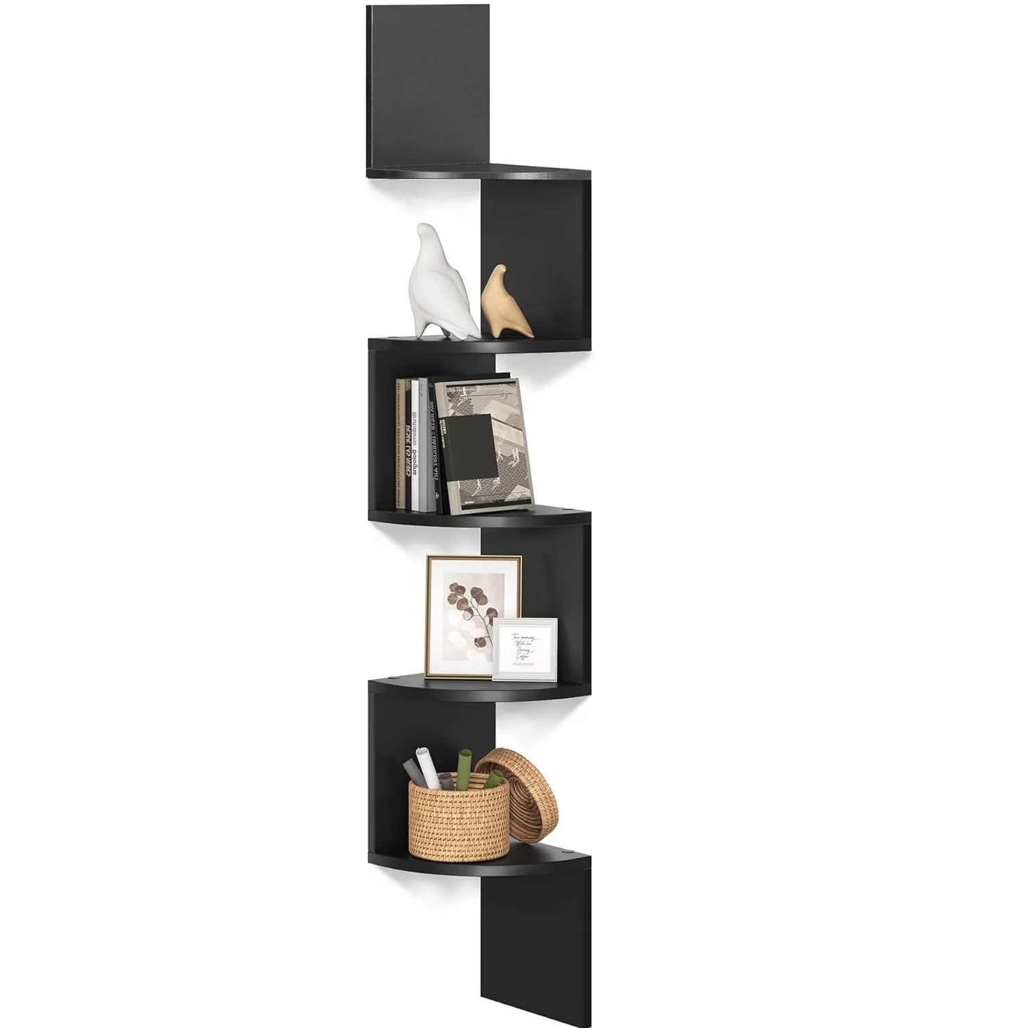 Wand-Eckregal, 5-stöckiges Aufbewahrungsregal, Pflanzenregal, für Schlafzimmer, Wohnzimmer, Badezimmer, Schreibtisch, rustikale Braun-/Schwarz-/Weiß-/Holzfarbe Image