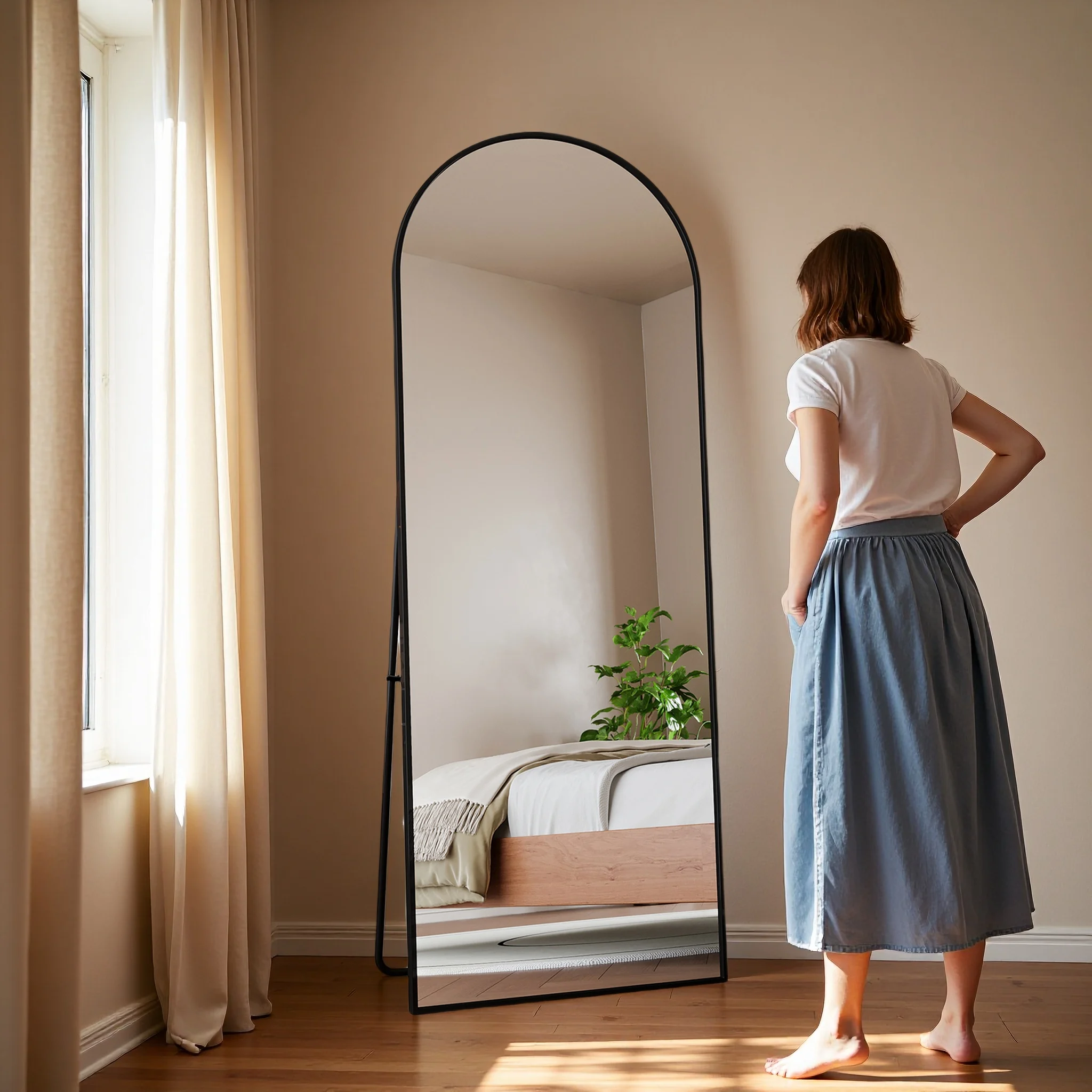 Anajqaqia 162×53cm Dekorativer Spiegel, Moderner Ganzkörperspiegel, Bogenförmiger Standspiegel, HD Großer Spiegel mit Ständer für Schlafzimmer