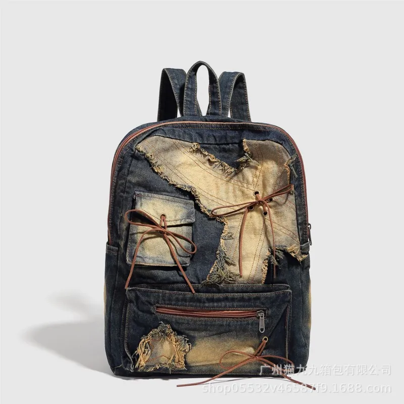 Y2k Grunge Gewaschen Denim Rucksack Frauen High Street Bogen Tasche Casual Große Kapazität Mochila Weibliche Vintage Rucksäcke Ästhetische