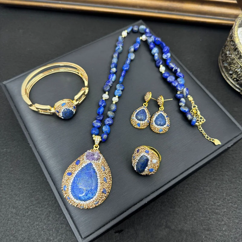Natürlicher Edelstein Lapislazuli Pulloverkette Perlenset, vierteiliges Set mit handeingelegtem Amethyst und tschechischem Diamant Image