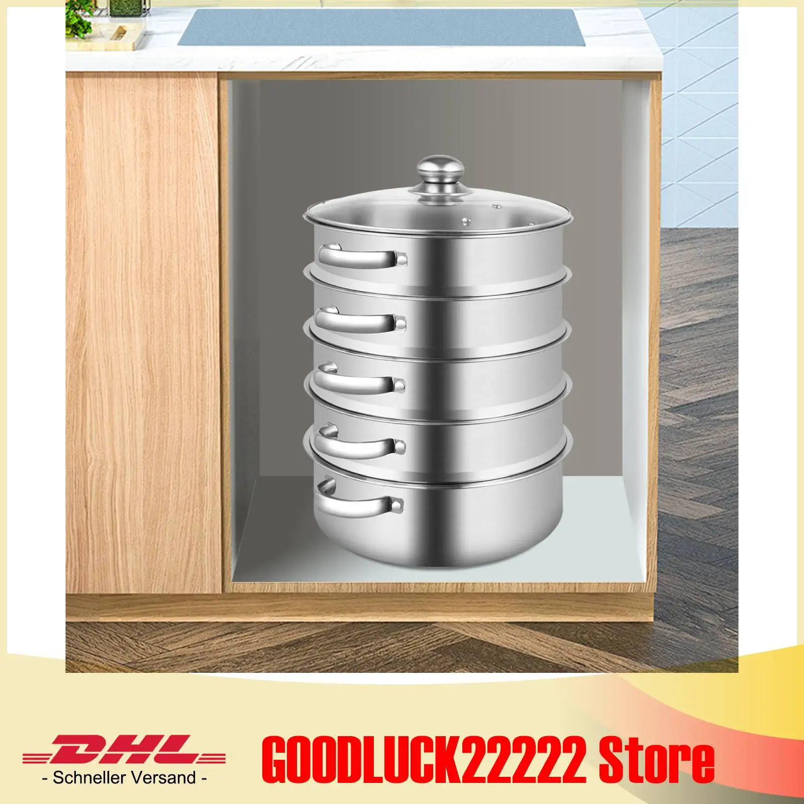 5-Schicht-Dampfgarer, Edelstahl-Dampfgartopf 26cm zum Kochen, 304 Lebensmittelqualität Dampfgarer mit Glasdeckel, 15kg Kapazität pro Etagen Image