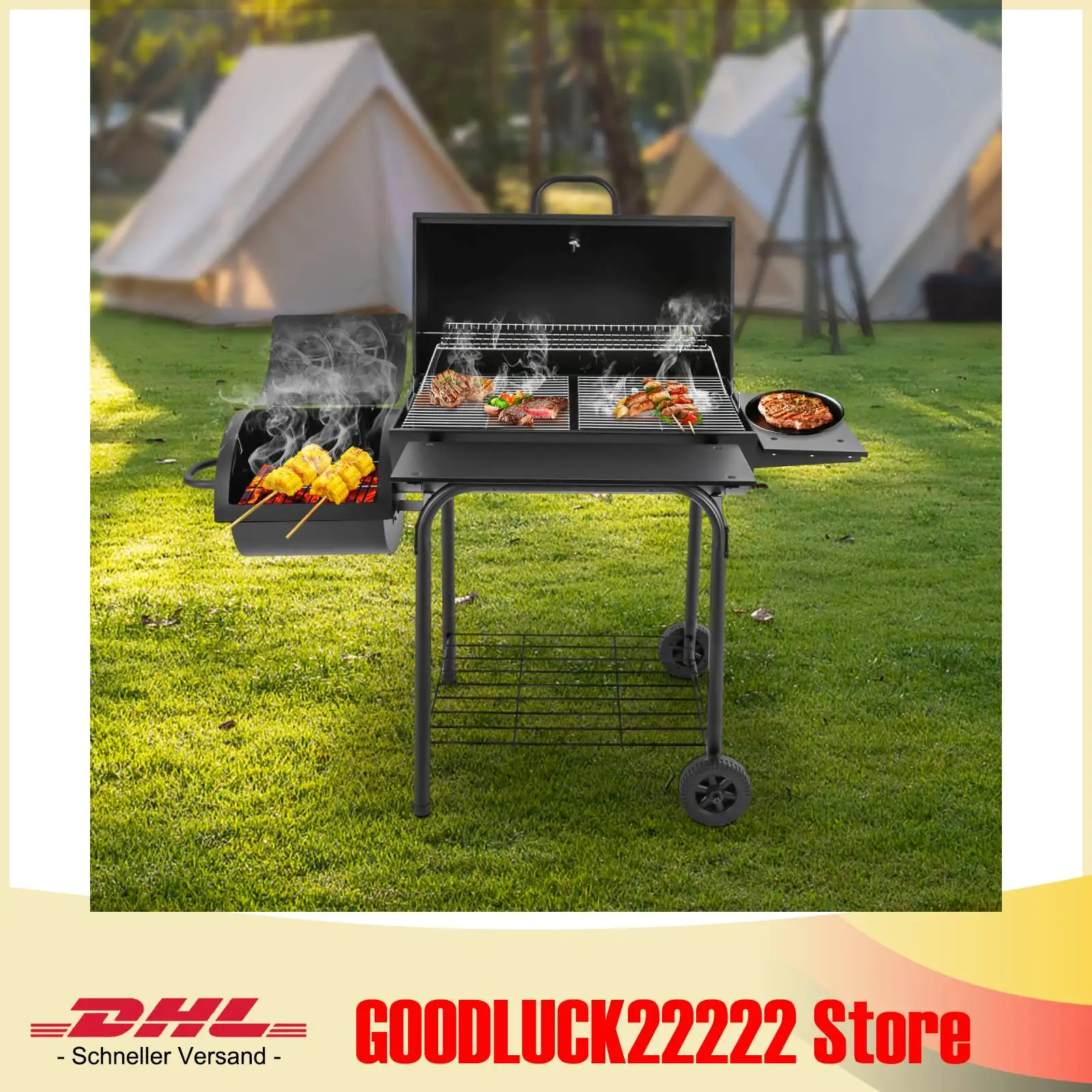 Tragbarer Holzkohlegrill, Klappbarer Holzkohle-BBQ-Grill, Amerikanischer Outdoor-Grill, 147x70x126cm Legierungsstahl-Konstruktion Image