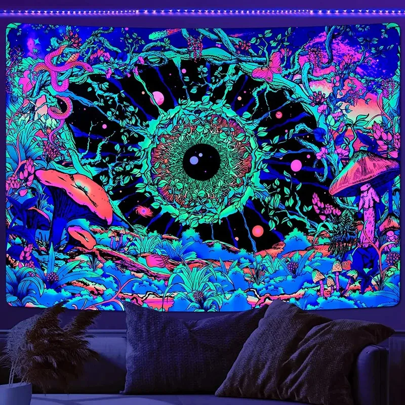 VIKAMA Psychedelische, im Dunkeln leuchtende Wandteppiche im Mandala-Stil, Wandkunst-Dekoration für Arbeitszimmer, Wohnzimmer, Schlafzimmer, Heimtextilien Image