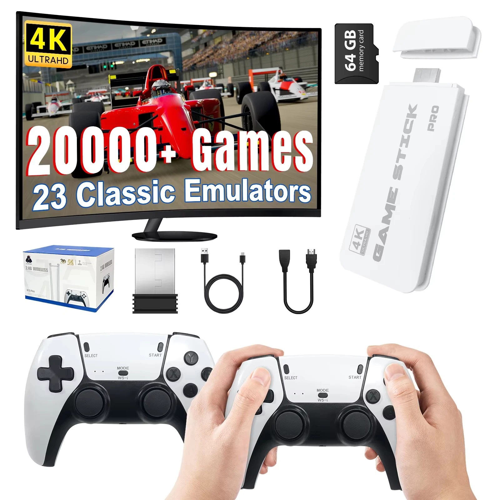 4K TV-Spielstick M15 Videospielkonsole 64G Eingebaute 20000 Spiele Kabelloser Controller Gamepad Retro Handheld-Spielkonsole Image