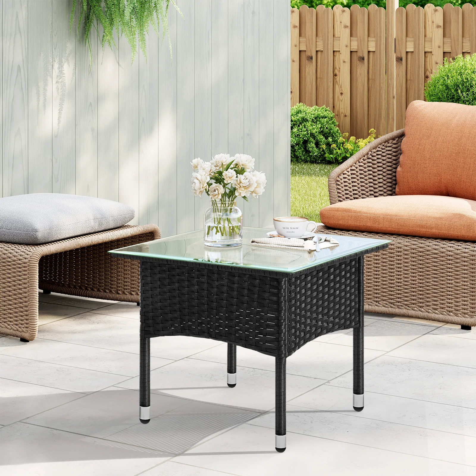 WOLTU Polyrattan-Beistelltisch, 50 x 50 cm, wetterfester, quadratischer Outdoor-Couchtisch mit abnehmbarer Glasplatte für Terrasse, Balkon, Camping