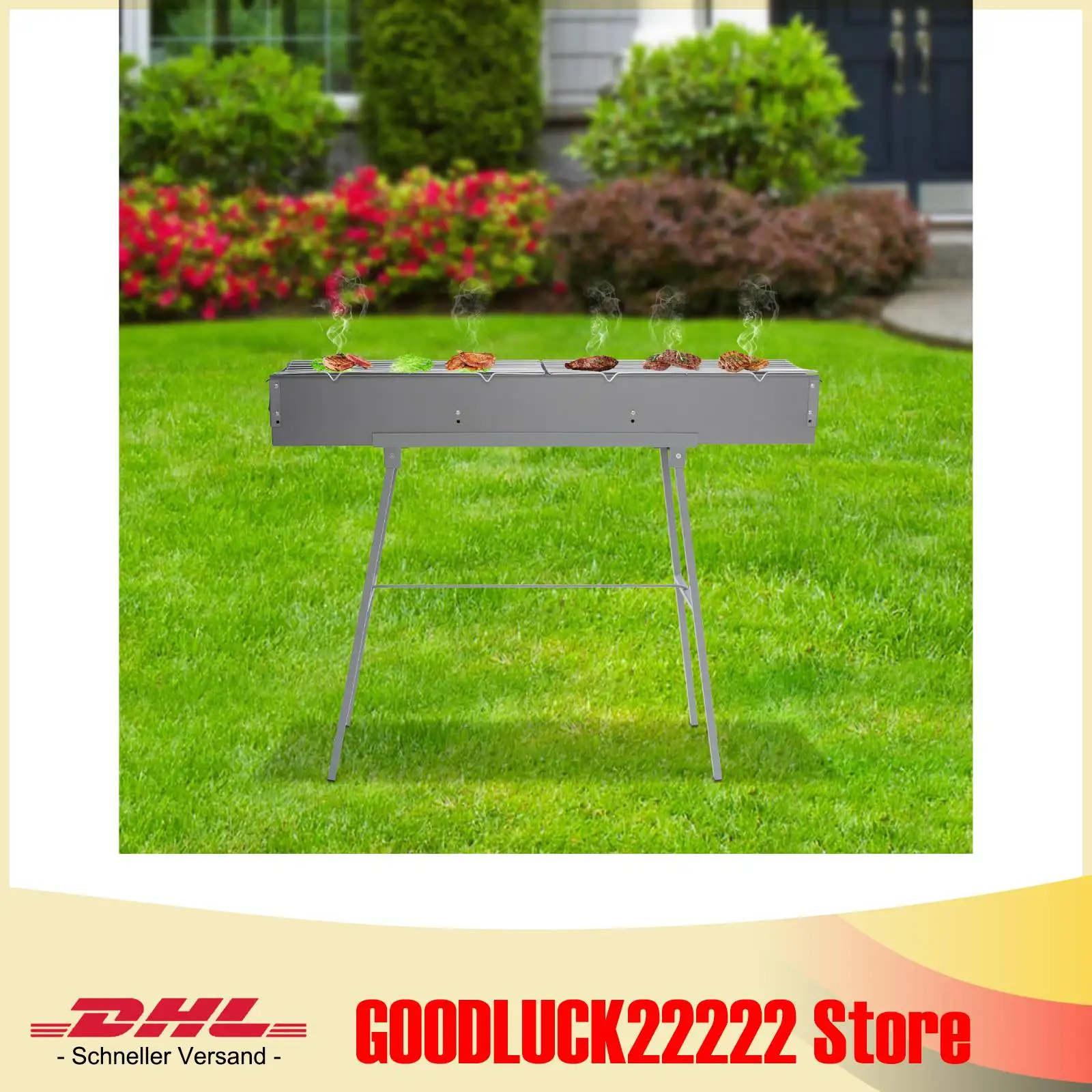 Tragbarer Grill, Campinggrill mit Ständer, 100 x 18 cm großes Lagerfeuergrill-Set inklusive klappbaren Beinen und 2 geraden Kochgittern Image