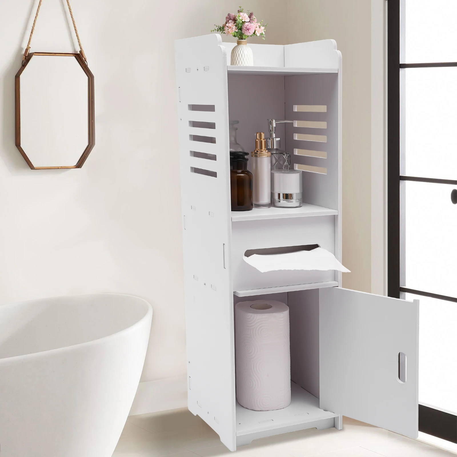 4-stöckiger PVC-Holz-Verbund Badezimmerschrank Rechteckiger Freistehender Badezimmerschrank für Häuser und Hotels