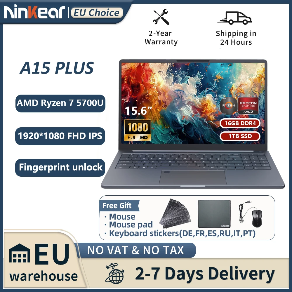Ninkear A15 PLUS Laptop 15,6 Zoll IPS FHD AMD Ryzen 7 5700U/5825U Notebook 16GB DDR4 + 1TB SSD WIFI 6 Windows 11 PRO Bürocomputer Image
